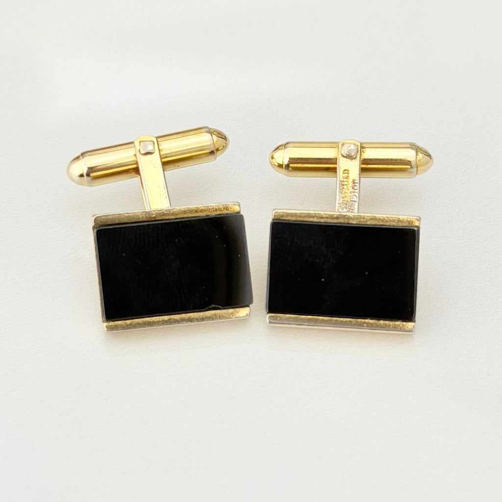 Authentic Christian Dior Vintage Rectangular Gold Tone Black Onyx Cuff Links
