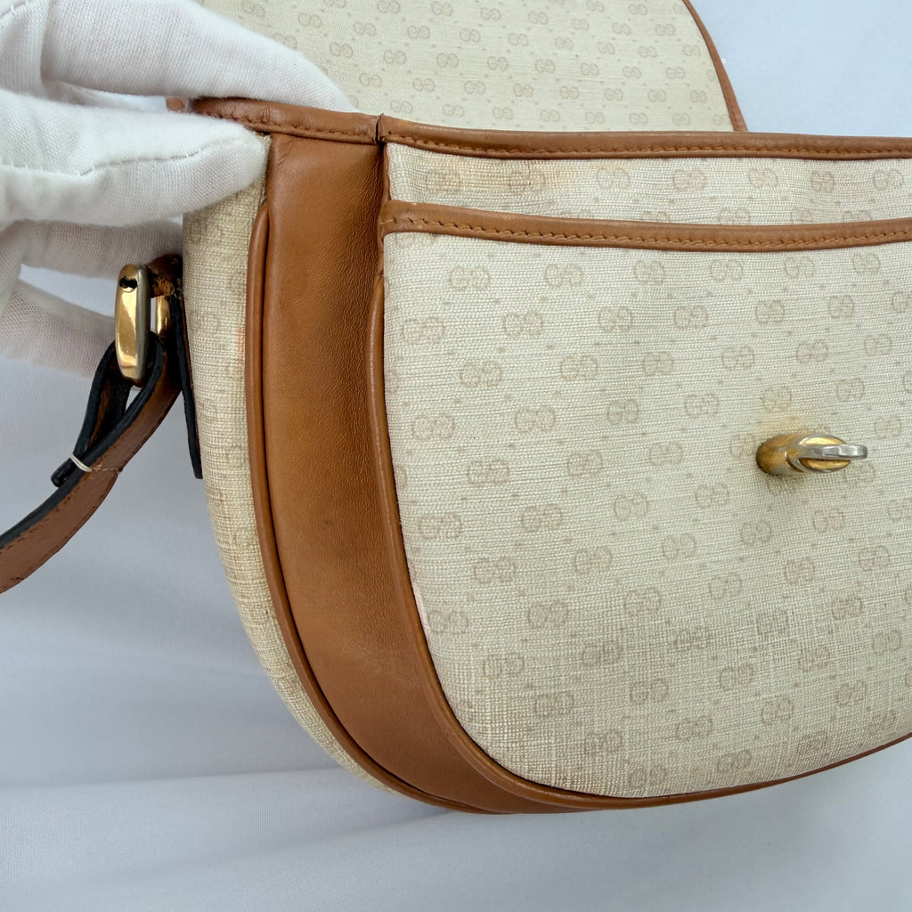 Vintage Gucci GG Supreme Monogram Small Leather Coated Canvas Beige Tan Cream Crossbody Turn Lock Handbag