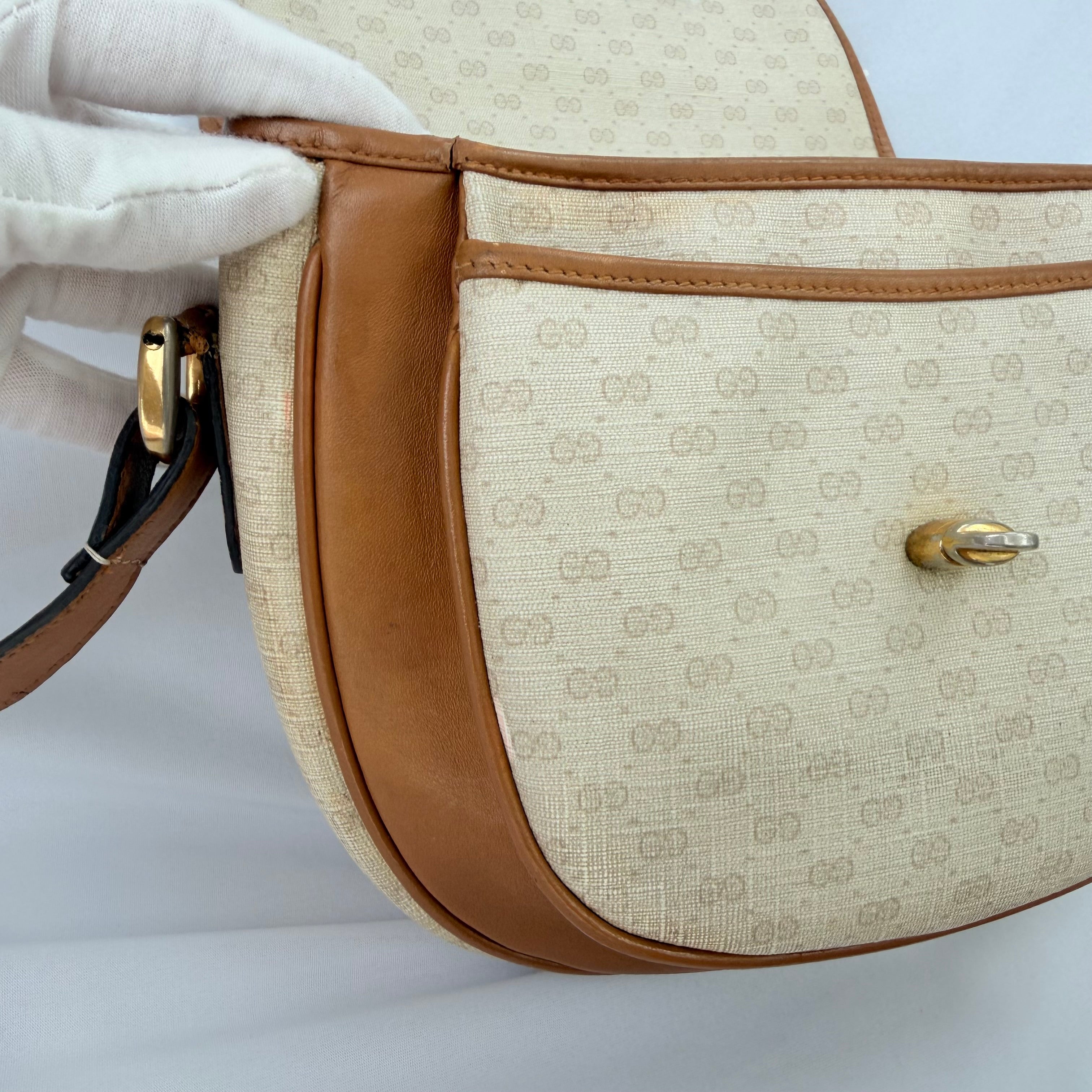 Vintage Gucci GG Supreme Monogram Small Leather Coated Canvas Beige Tan Cream Crossbody Turn Lock Handbag