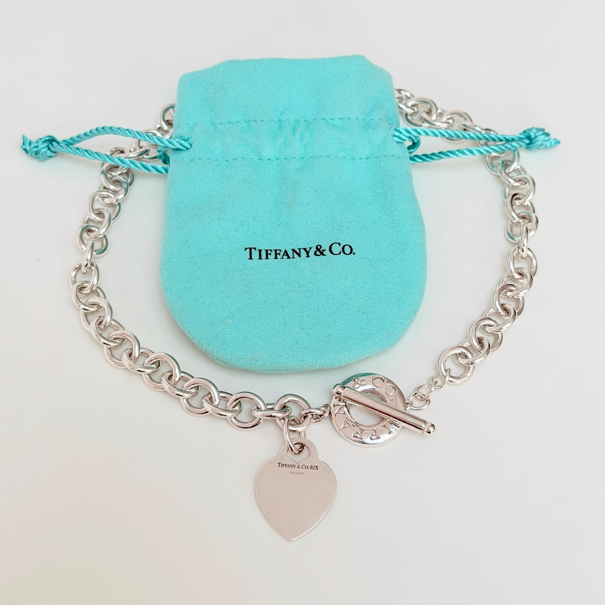 Authentic Vintage Tiffany & Co. Sterling Silver 925 Toggle Heart Pendant Choker Necklace With Pouch 15 Inches