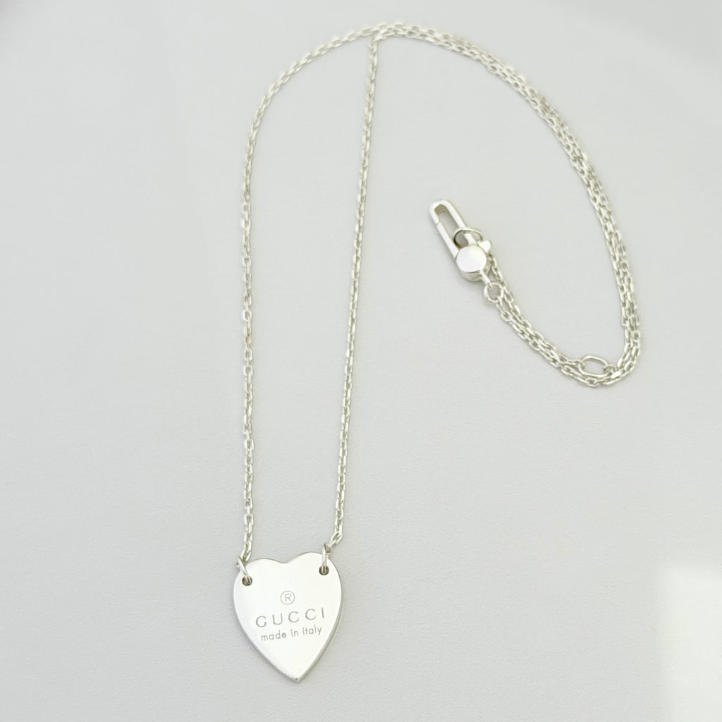 Authentic Gucci Heart Trademark Pendant Sterling Silver 925 Women’s Necklace 48cm With Packaging