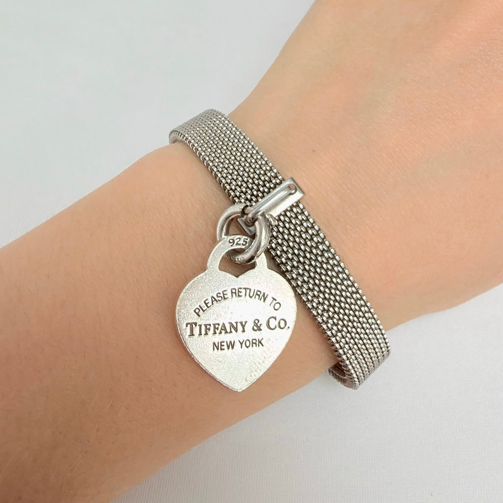Tiffany&Co. Somerset Stretch Mesh Stainless Steel Bracelet With Sterling Silver 925 Clasp Medium Heart 16cm With Packaging