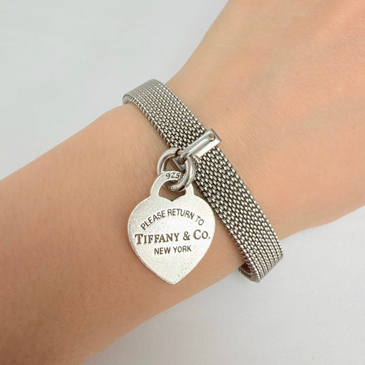 Tiffany&Co. Somerset Stretch Mesh Stainless Steel Bracelet With Sterling Silver 925 Clasp Medium Heart 16cm With Packaging