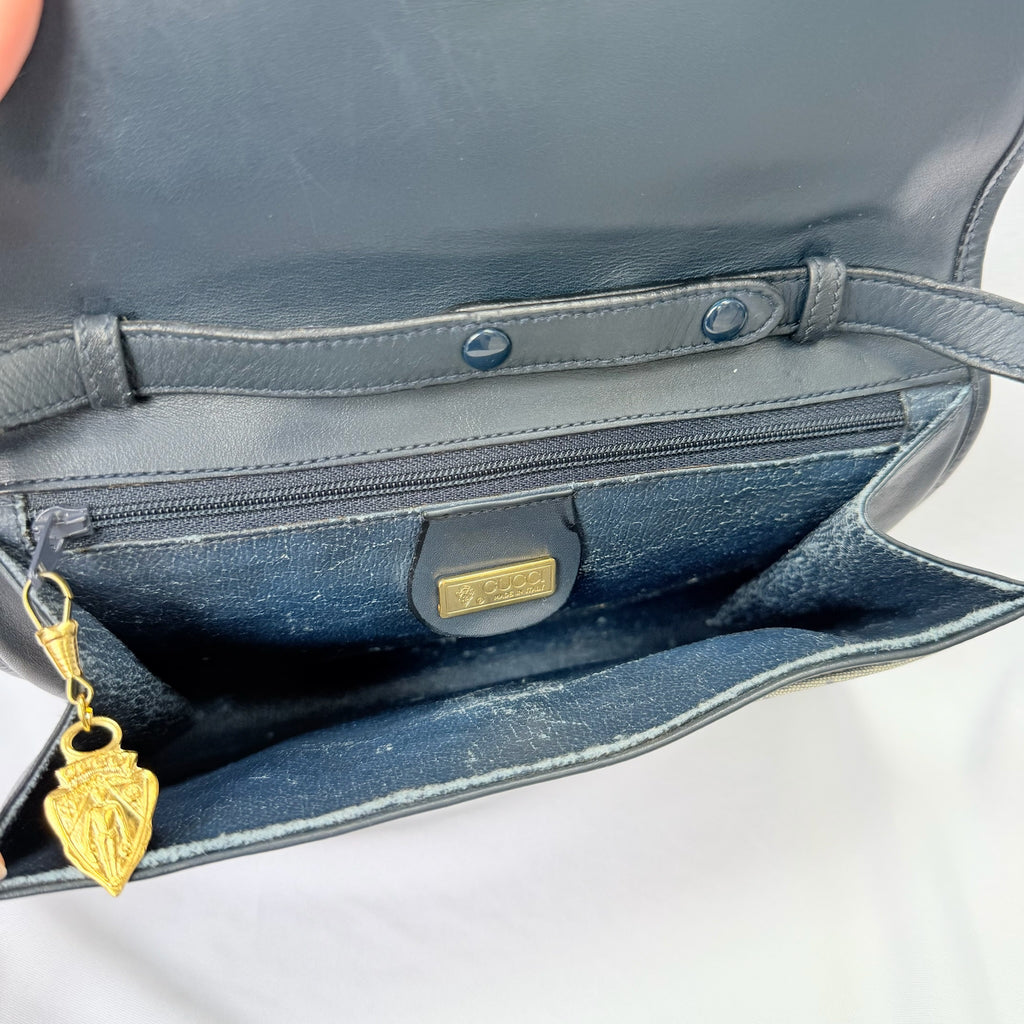 Gucci Authentic Vintage Navy Beige Gold Leather Micro GG Supreme Women’s Crossbody Bag