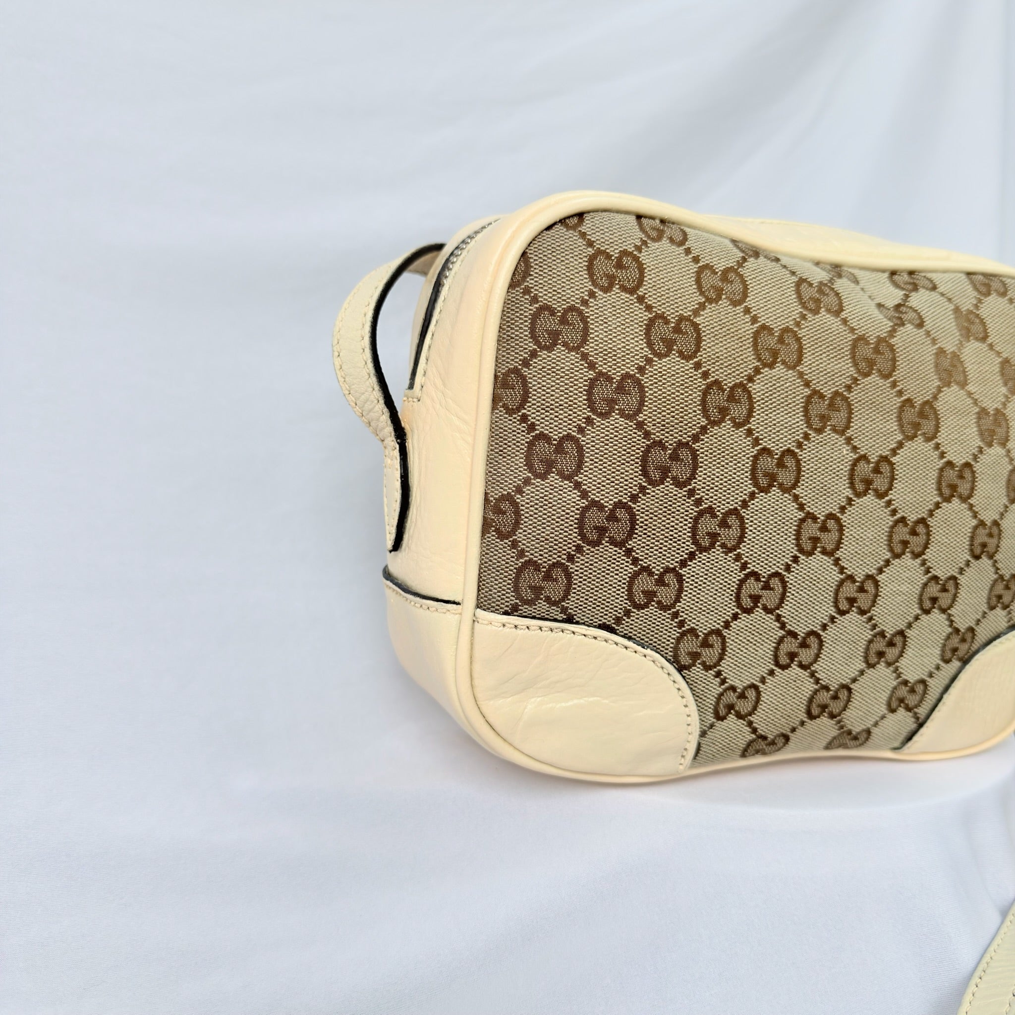 Authentic Gucci GG Bree Cream Leather Brown Canvas Crossbody Women's Bag With Dust bag