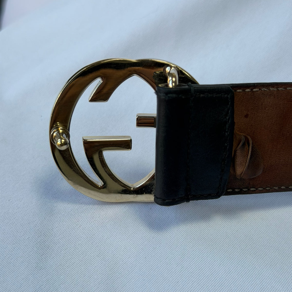 Gucci Interlocking G 24K Gold Plated Black Leather Belt 3.5cm width 36” 370543