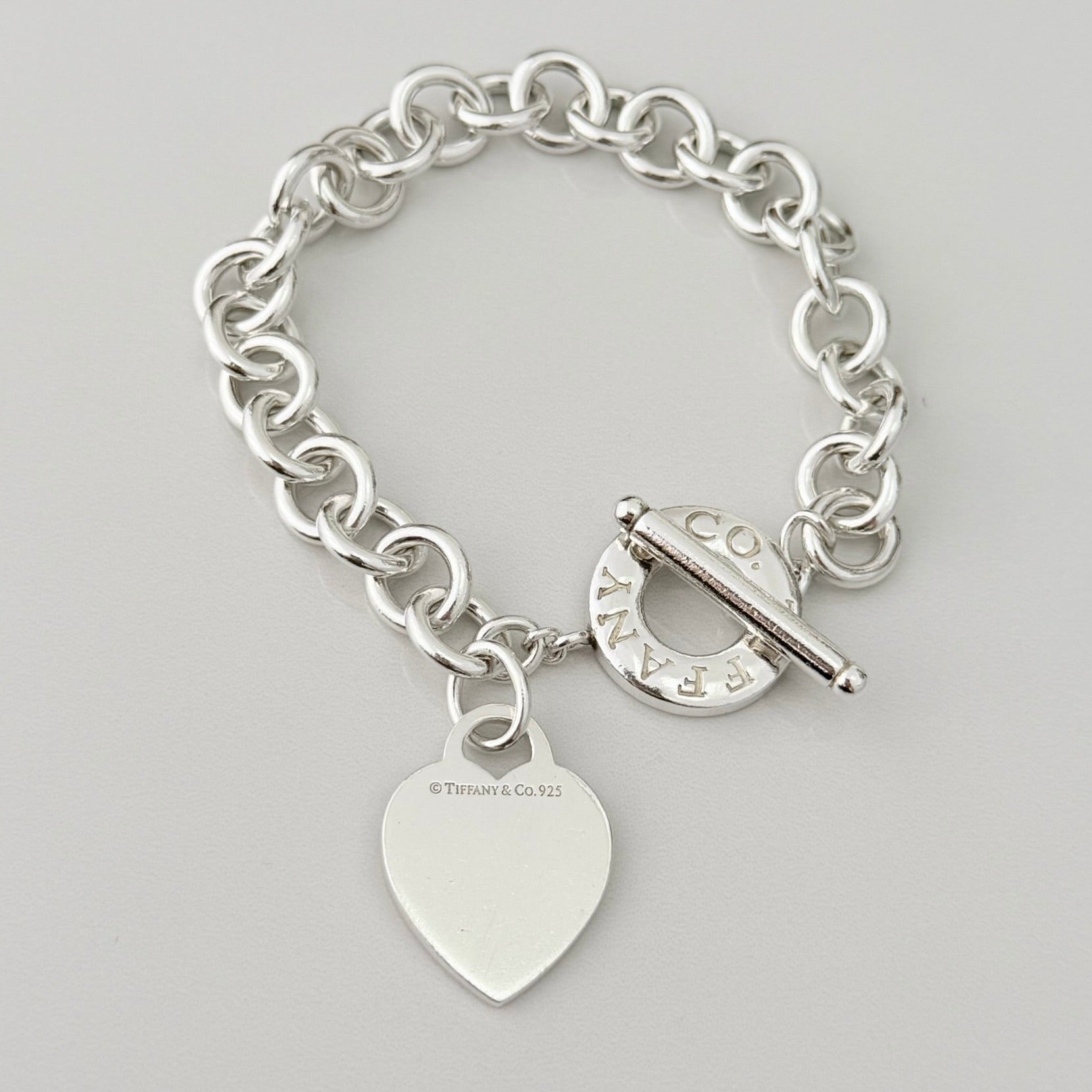 Authentic Vintage Tiffany & Co. Sterling Silver 925 Toggle Heart Pendant Bracelet With Pouch 21cm