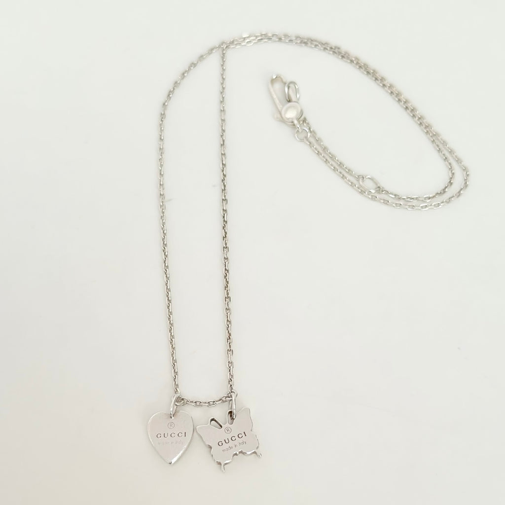 Gucci Heart Butterfly Charm Sterling Silver 925 Women's Necklace 17.5-19” With Packaging