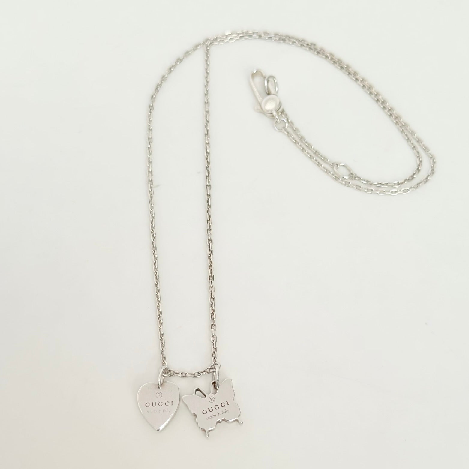 Gucci Heart Butterfly Charm Sterling Silver 925 Women's Necklace 17.5-19” With Packaging