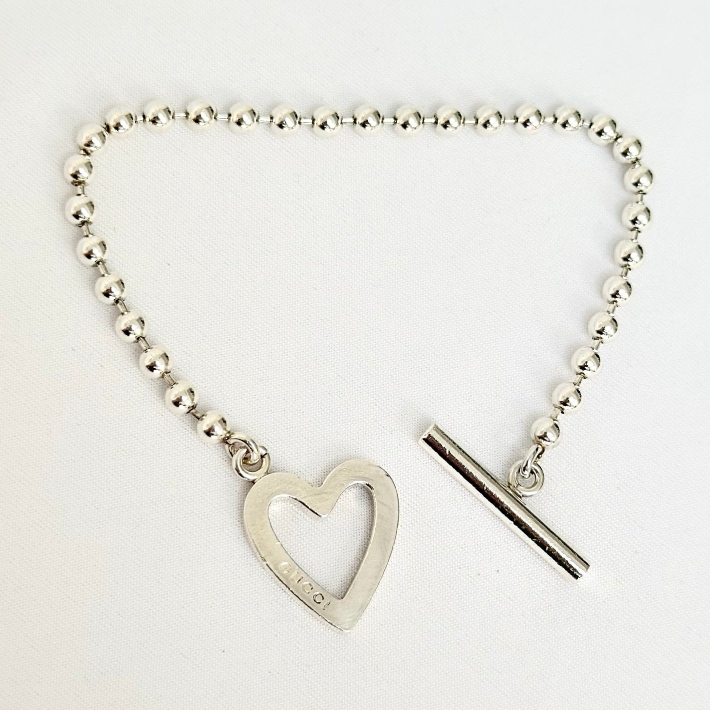 Gucci Vintage Heart Boule Popcorn Bracelet Toggle Sterling Silver 925 Women 17cm