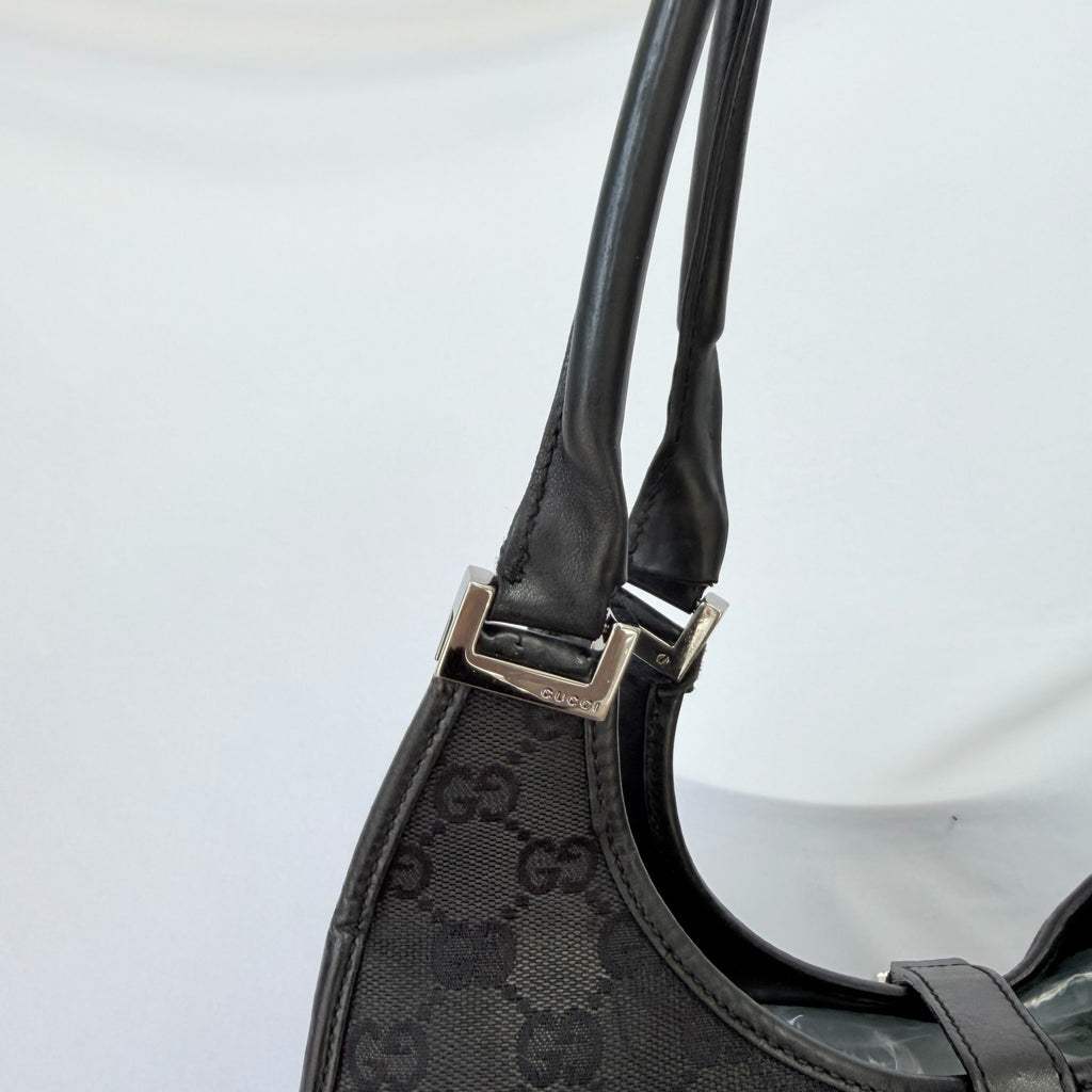 Vintage Gucci Jackie Bardot Medium Size GG Monogram Canvas Leather Black Handbag With Dustbag