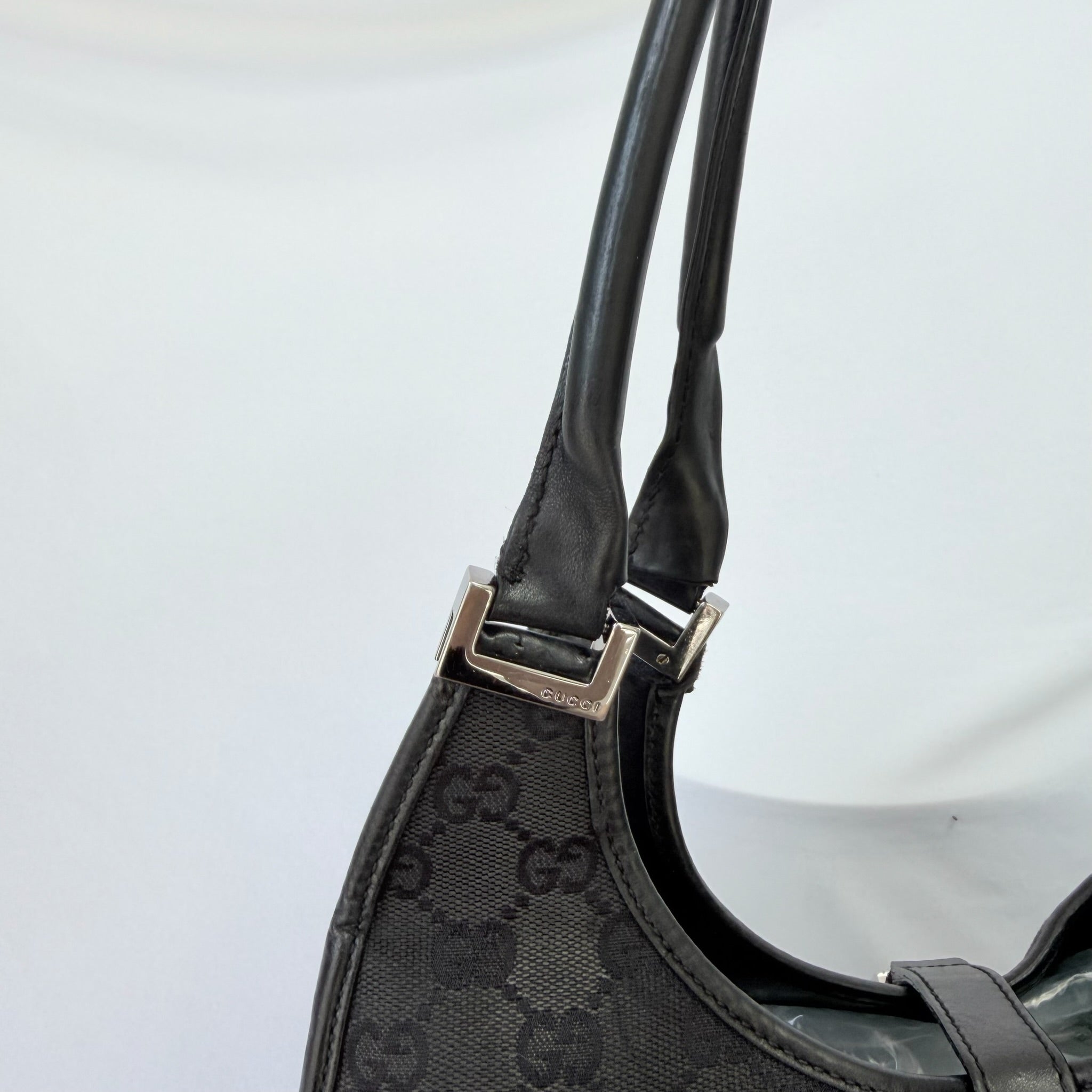 Vintage Gucci Jackie Bardot Medium Size GG Monogram Canvas Leather Black Handbag With Dustbag