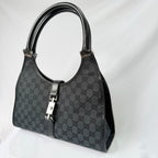 Authentic Vintage Gucci Jackie Bardot Black Monogram Supreme Gg Canvas Leather Medium Handbag