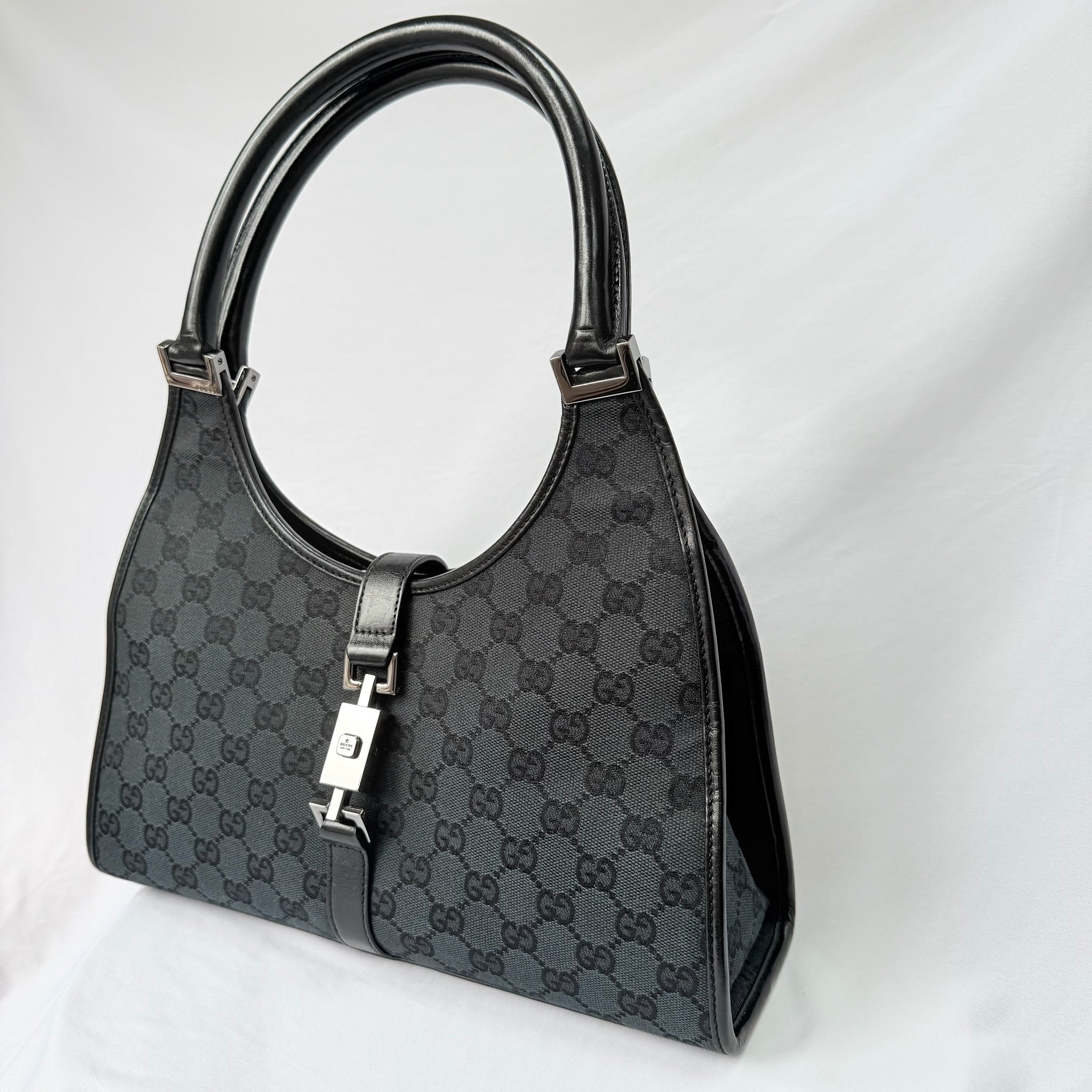 Authentic Vintage Gucci Jackie Bardot Black Monogram Supreme Gg Canvas Leather Medium Handbag