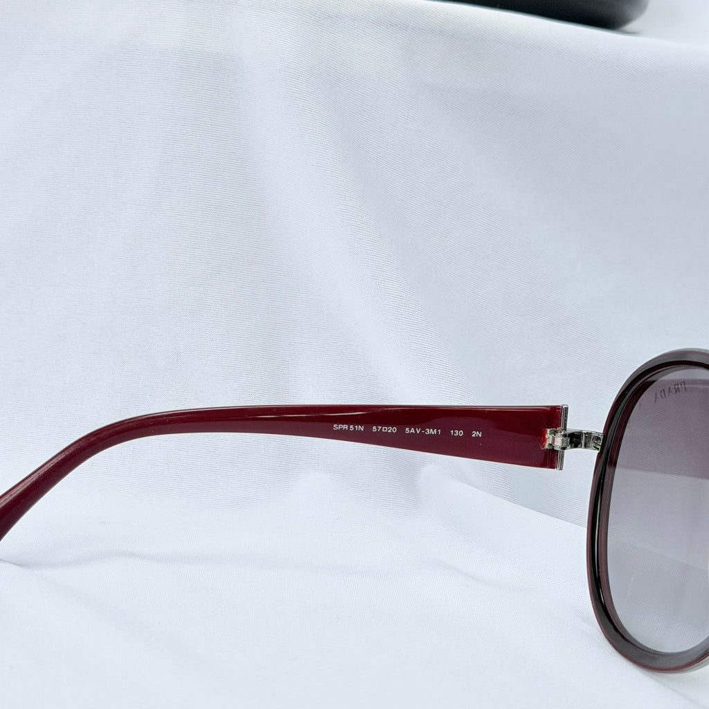 Prada SPR 51N Burgundy Red Striped Arms Oversized Oval Round Women’s Sunglasses
