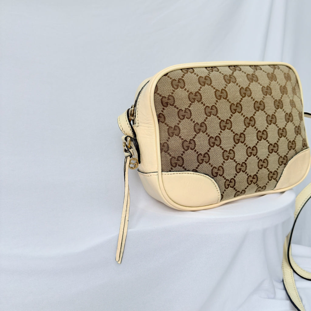 Authentic Gucci GG Bree Cream Leather Brown Canvas Crossbody Women's Bag With Dust bag