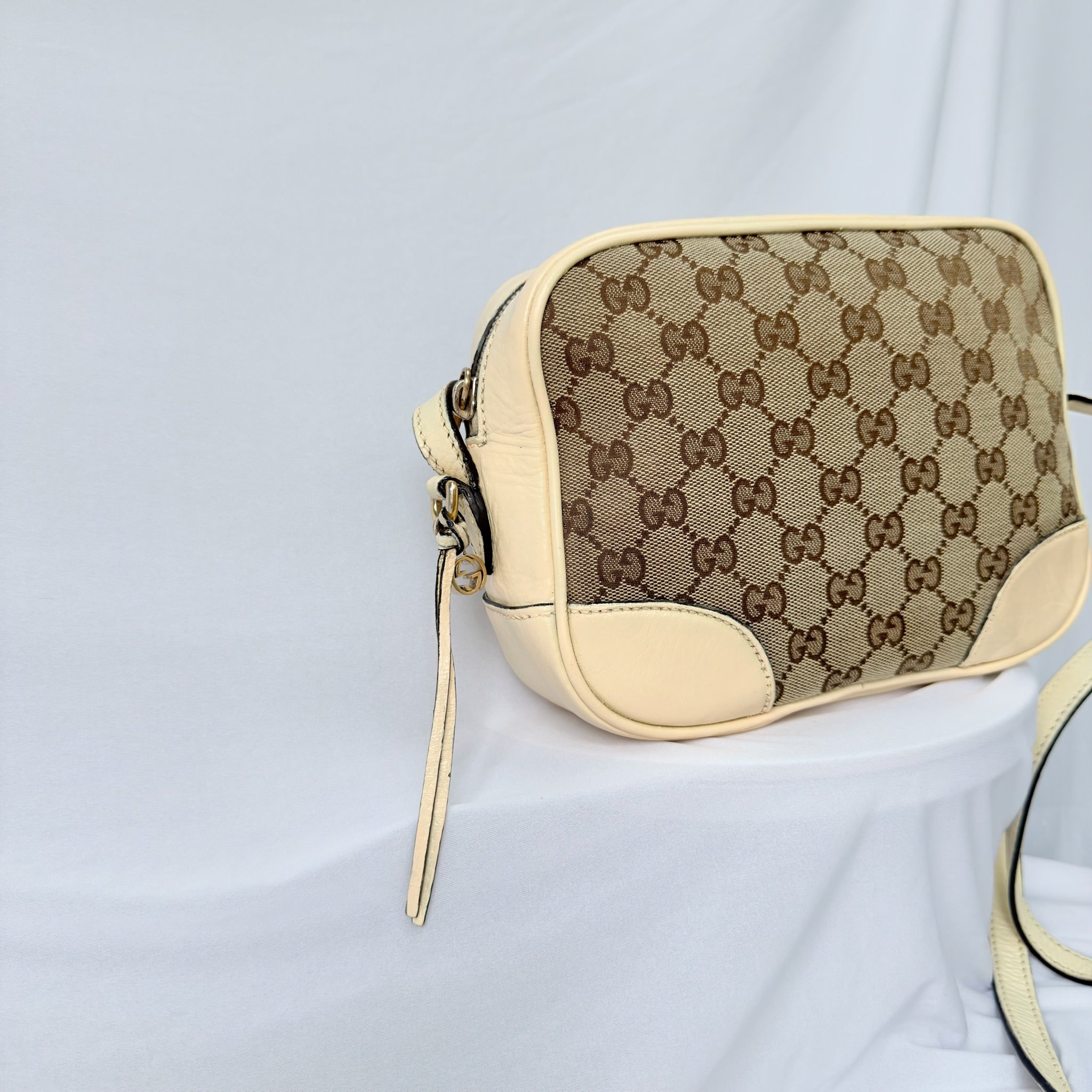 Authentic Gucci GG Bree Cream Leather Brown Canvas Crossbody Women's Bag With Dust bag
