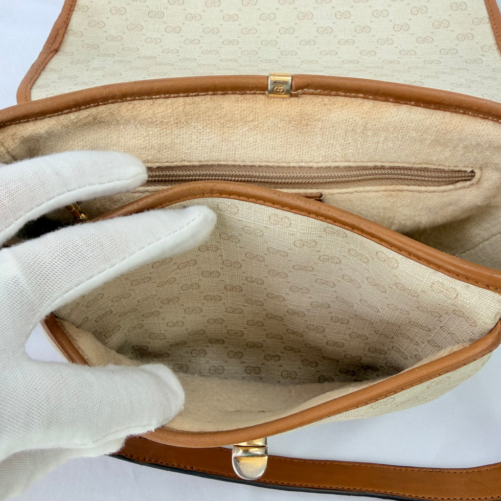 Vintage Gucci GG Supreme Monogram Small Leather Coated Canvas Beige Tan Cream Crossbody Turn Lock Handbag