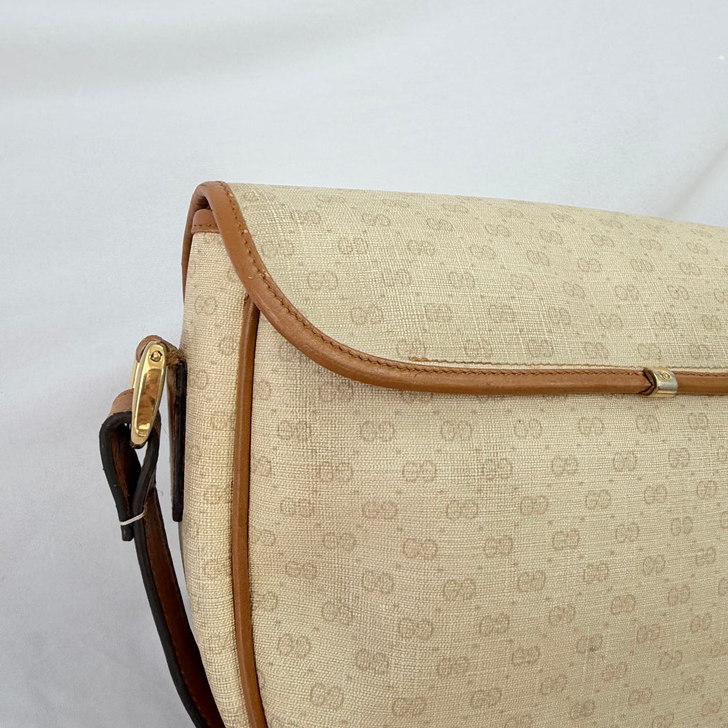 Vintage Gucci GG Supreme Monogram Small Leather Coated Canvas Beige Tan Cream Crossbody Turn Lock Handbag