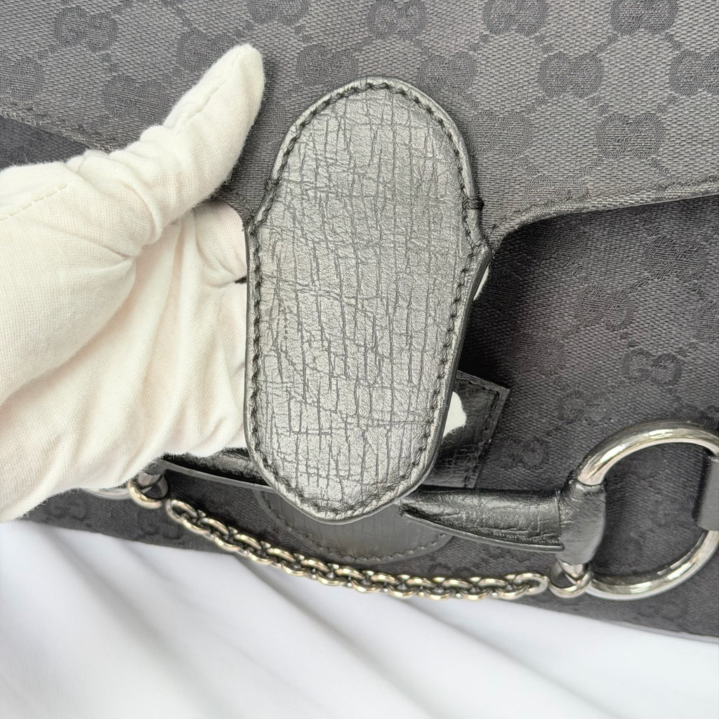 Vintage Gucci Horsebit Black Monogram Canvas Medium Shoulder Handbag Tom Ford Era 2004