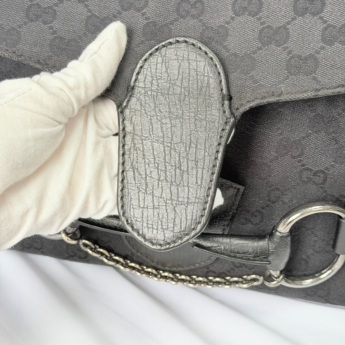 Vintage Gucci Horsebit Black Monogram Canvas Medium Shoulder Handbag Tom Ford Era 2004