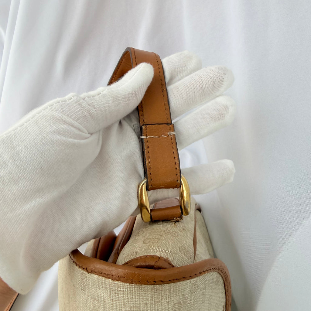 Vintage Gucci GG Supreme Monogram Small Leather Coated Canvas Beige Tan Cream Crossbody Turn Lock Handbag