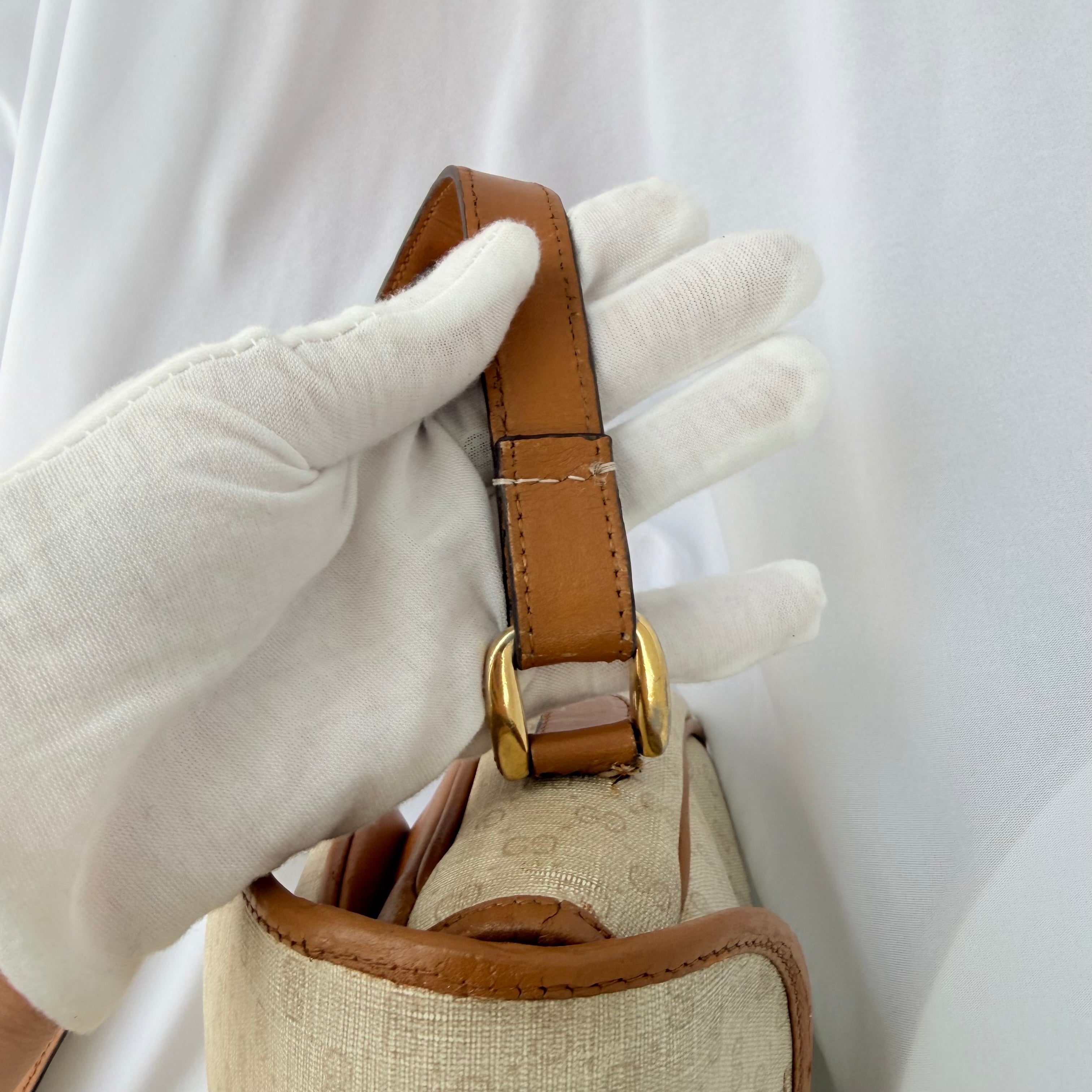 Vintage Gucci GG Supreme Monogram Small Leather Coated Canvas Beige Tan Cream Crossbody Turn Lock Handbag