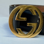Gucci Interlocking G 24K Gold Plated Black Leather Belt 3.5cm width 36” 370543