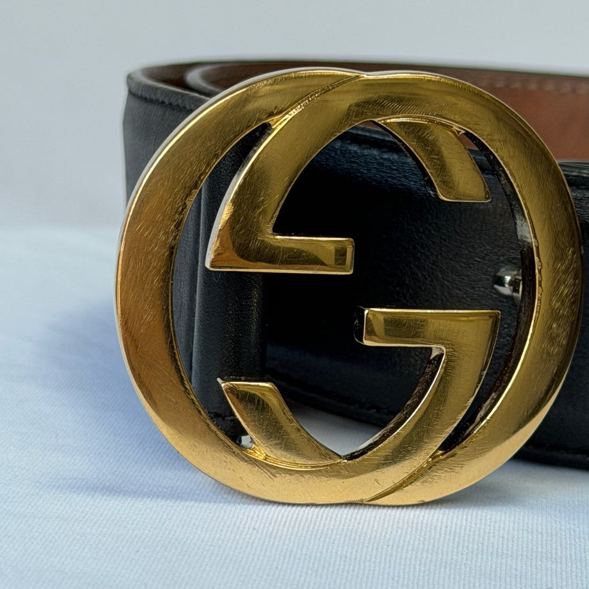 Gucci Interlocking G 24K Gold Plated Black Leather Belt 3.5cm width 36” 370543
