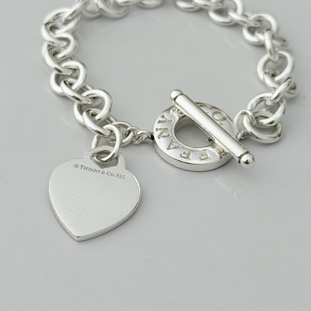 Authentic Vintage Tiffany & Co. Sterling Silver 925 Toggle Heart Pendant Bracelet With Pouch 21cm