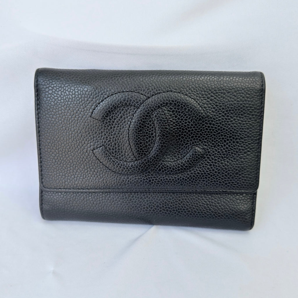 Chanel CC Logo Caviar Skin Trifold Wallet Black Leather Zipper Medium