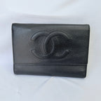 Chanel CC Logo Caviar Skin Trifold Wallet Black Leather Zipper Medium