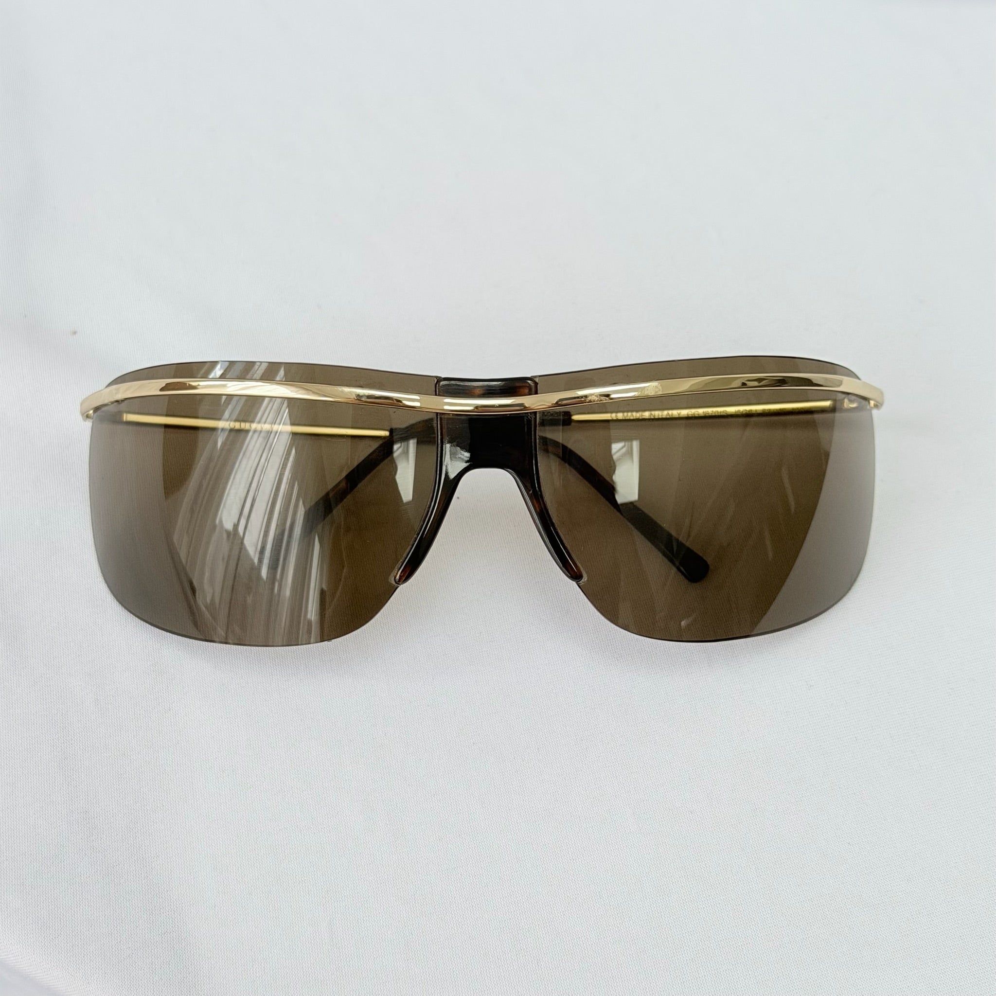 Vintage Gucci GG1870/S J5G6J Brown Gold Rimless Shield Wrap Sunglasses With Case
