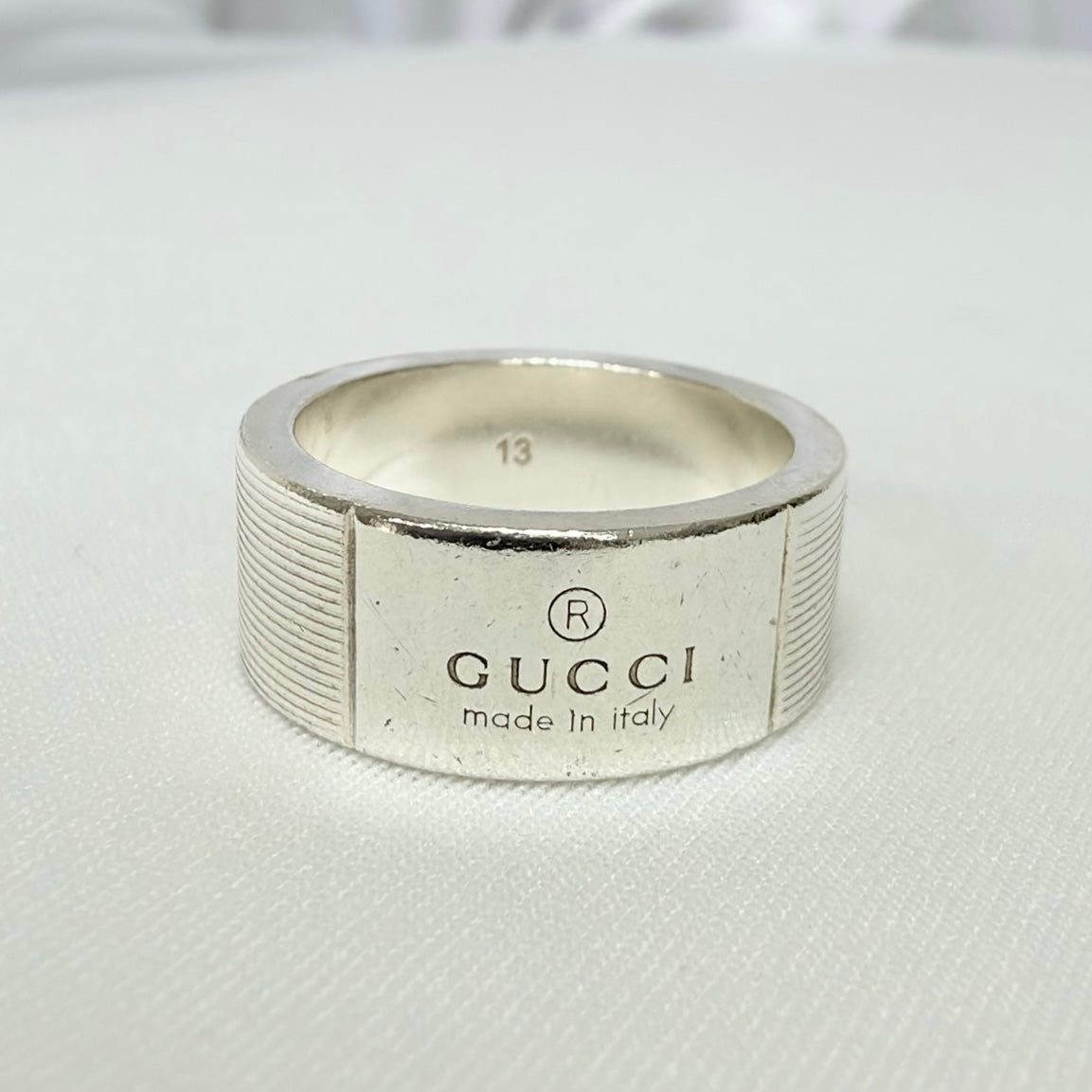 Gucci Sterling Silver 925 Wide 12mm Band Trademarked Ring Size 13, UK M/N, EU 53