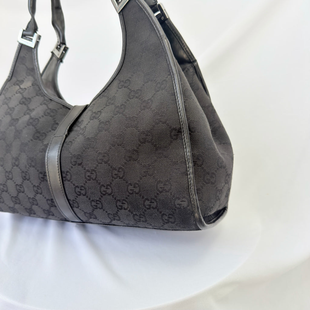 Vintage Gucci Jackie Bardot Medium Size GG Monogram Canvas Leather Black Handbag With Dustbag