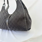 Vintage Gucci Jackie Bardot Medium Size GG Monogram Canvas Leather Black Handbag With Dustbag