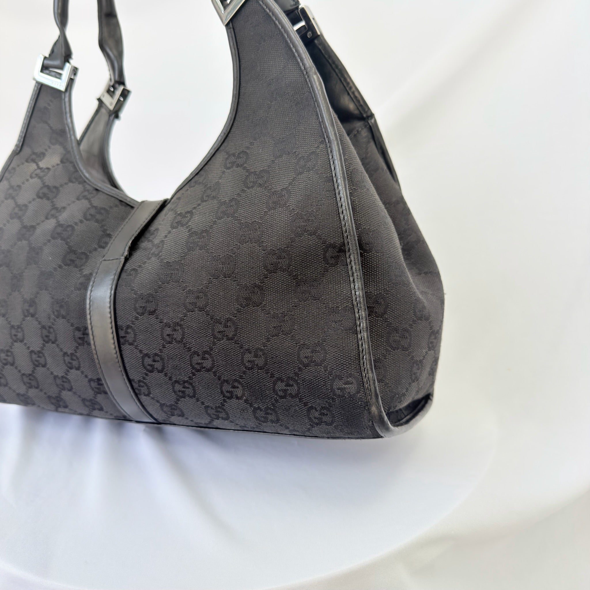 Vintage Gucci Jackie Bardot Medium Size GG Monogram Canvas Leather Black Handbag With Dustbag