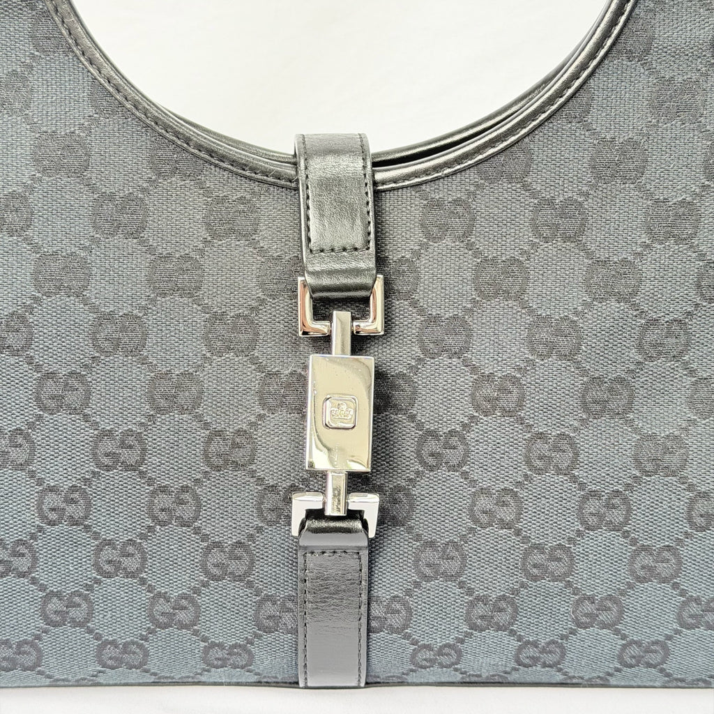 Authentic Vintage Gucci Jackie Bardot Black Monogram Supreme Gg Canvas Leather Medium Handbag