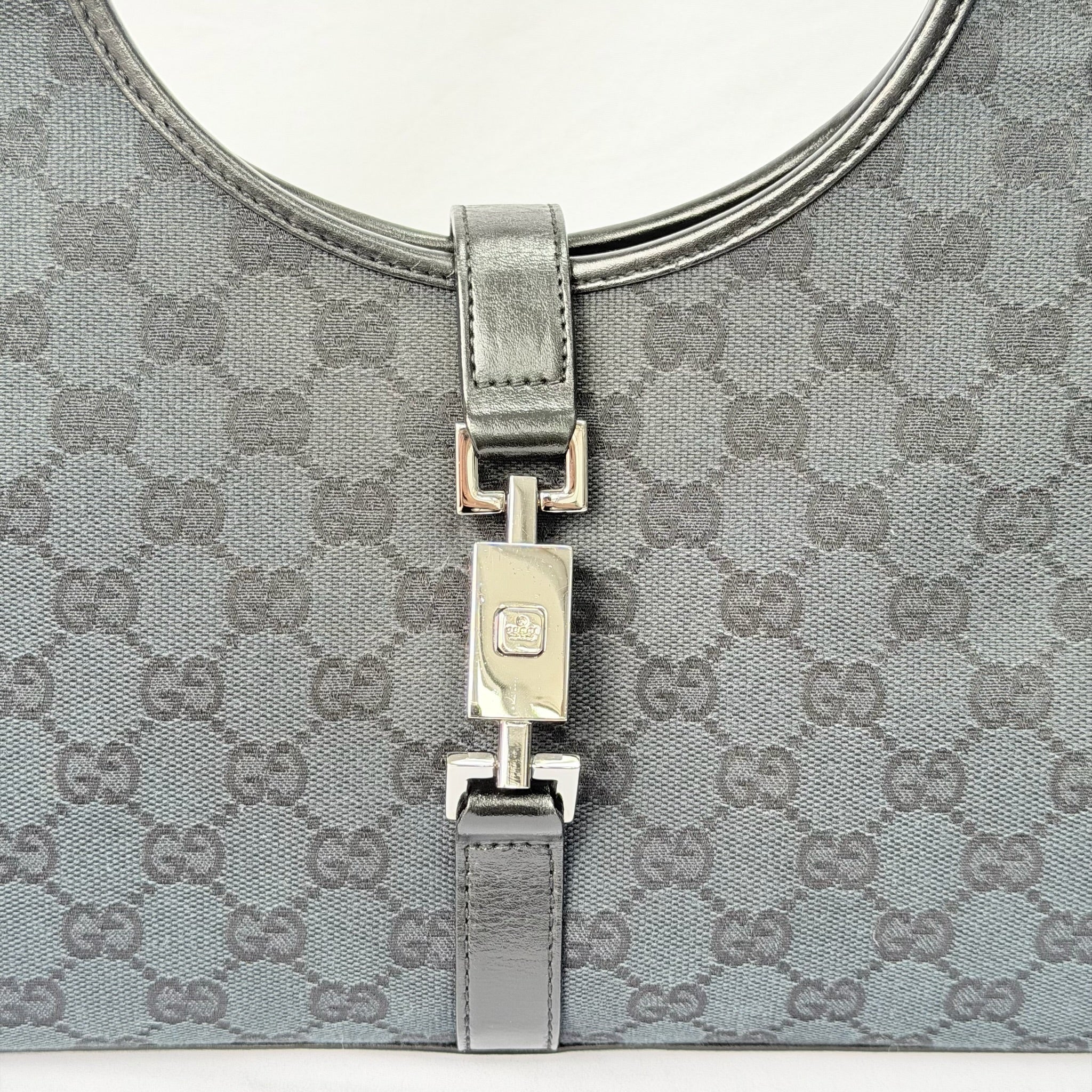 Authentic Vintage Gucci Jackie Bardot Black Monogram Supreme Gg Canvas Leather Medium Handbag