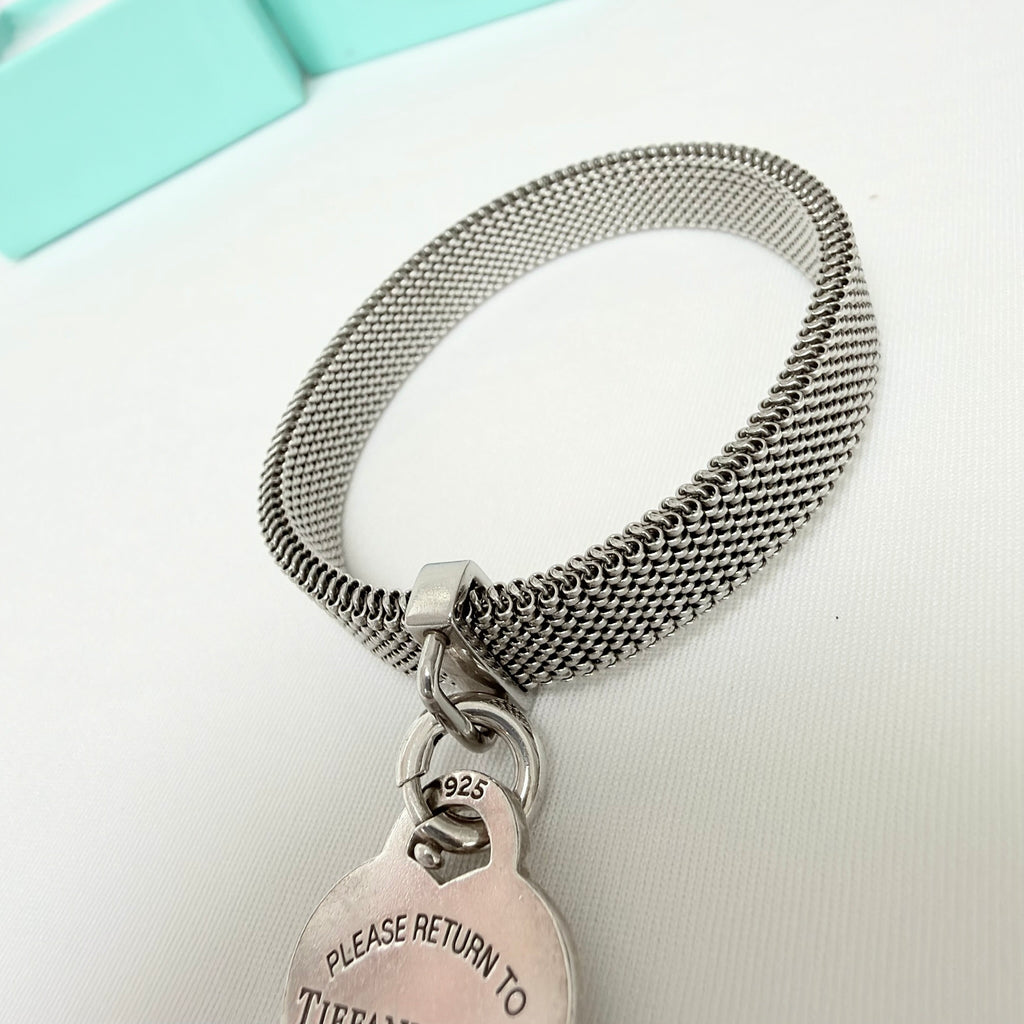 Tiffany&Co. Somerset Stretch Mesh Stainless Steel Bracelet With Sterling Silver 925 Clasp Medium Heart 16cm With Packaging