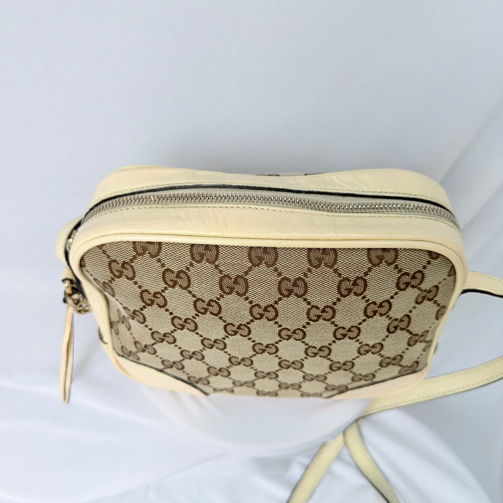 Authentic Gucci GG Bree Cream Leather Brown Canvas Crossbody Women's Bag With Dust bag