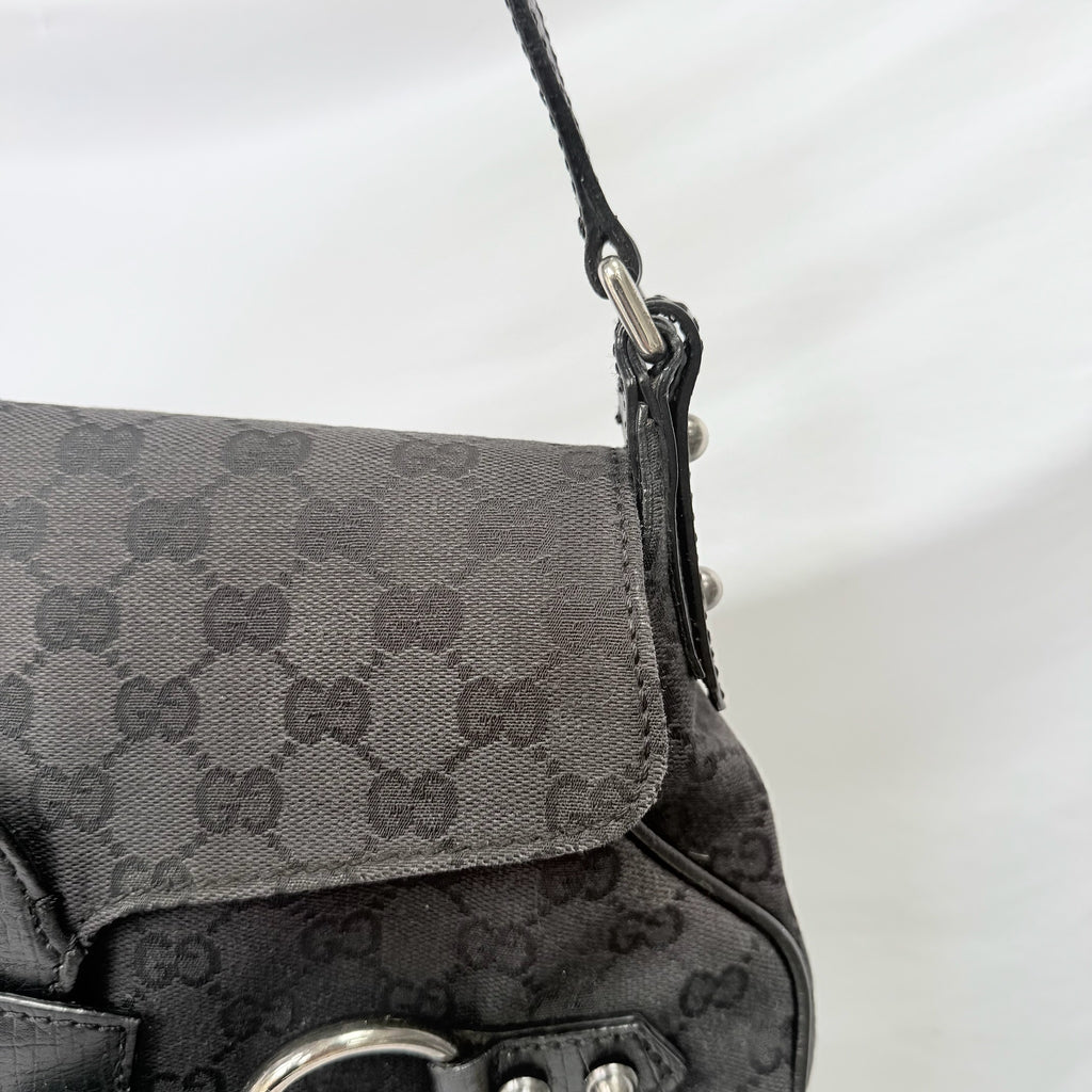 Vintage Gucci Horsebit Black Monogram Canvas Medium Shoulder Handbag Tom Ford Era 2004
