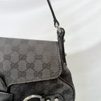Vintage Gucci Horsebit Black Monogram Canvas Medium Shoulder Handbag Tom Ford Era 2004
