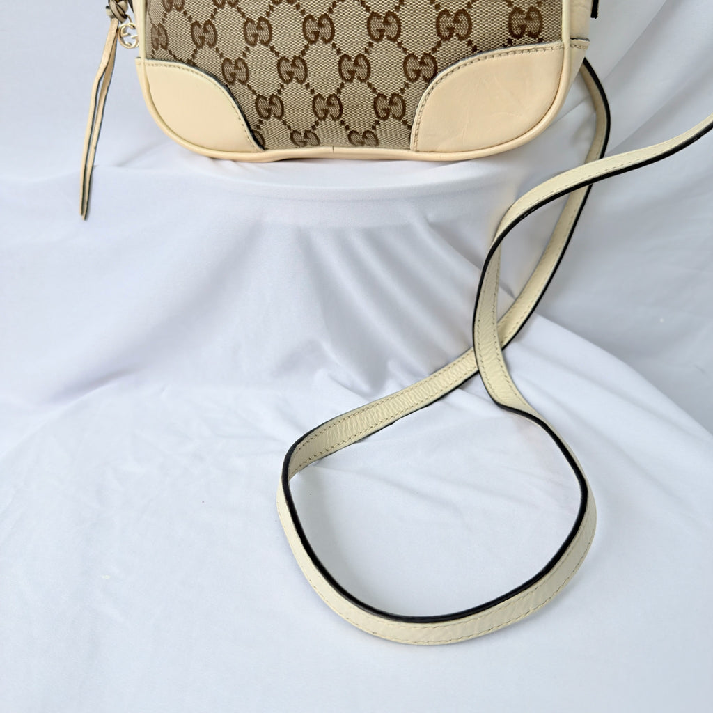 Authentic Gucci GG Bree Cream Leather Brown Canvas Crossbody Women's Bag With Dust bag