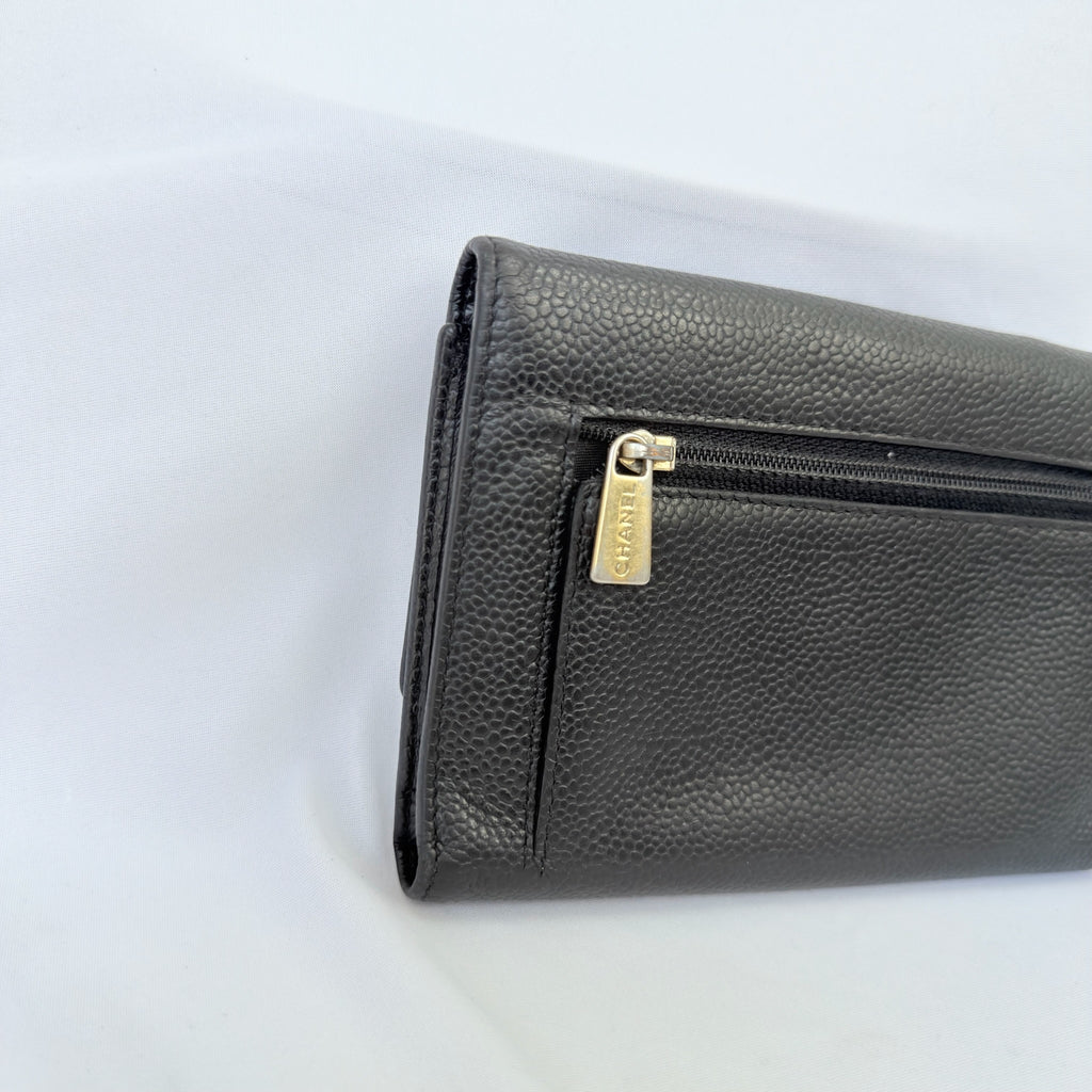 Chanel CC Logo Caviar Skin Trifold Wallet Black Leather Zipper Medium