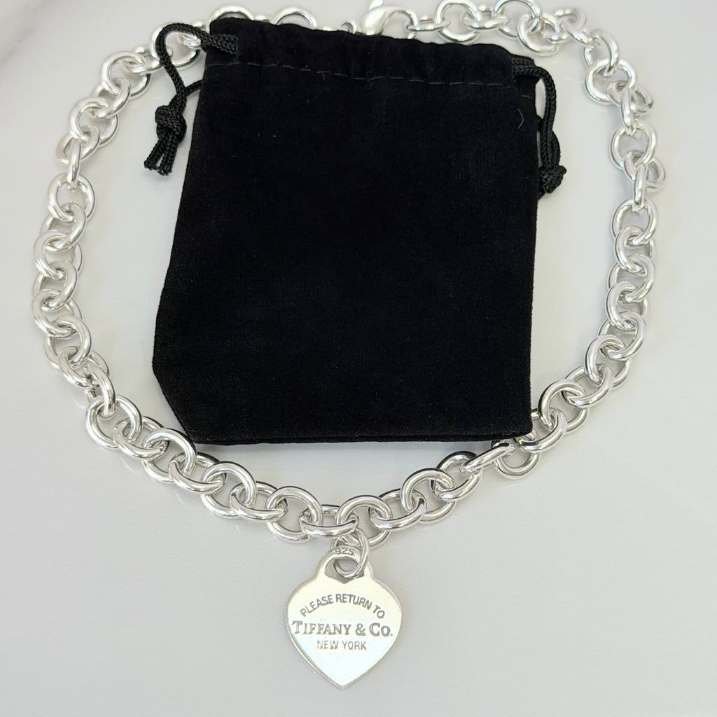 Authentic Tiffany & Co. Sterling Silver 925 Medium Heart Pendant Choker Necklace With Pouch 15 inches