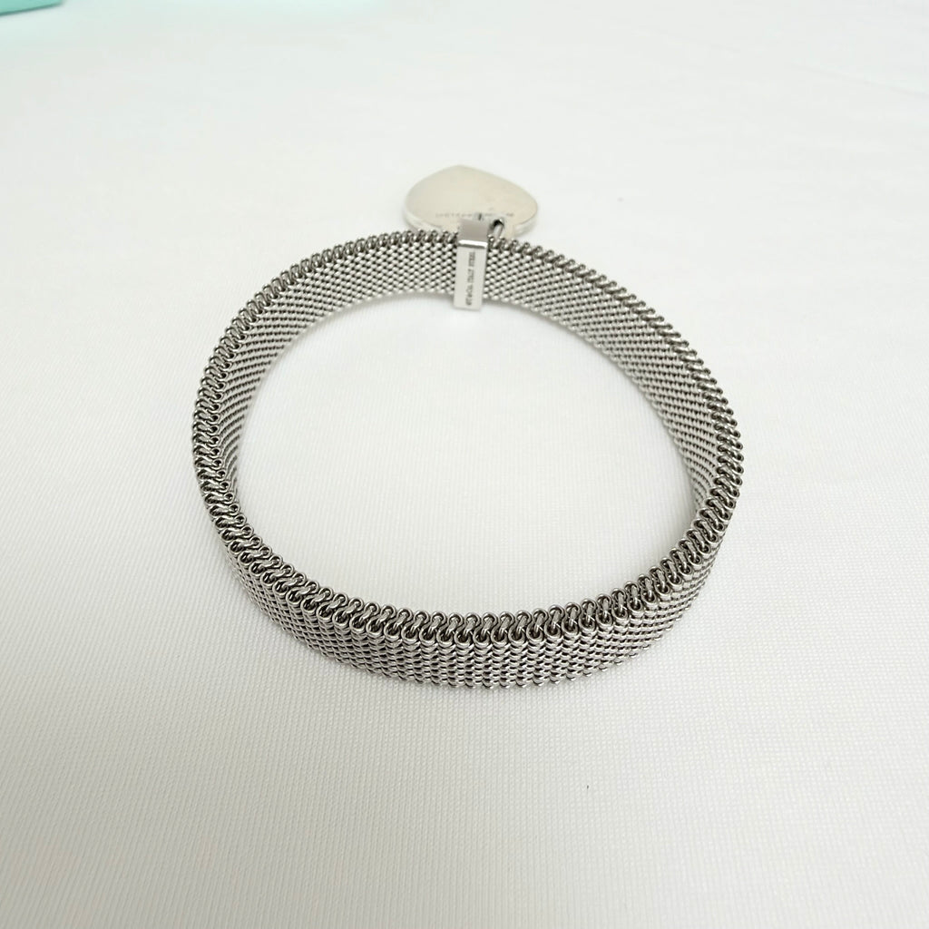 Tiffany&Co. Somerset Stretch Mesh Stainless Steel Bracelet With Sterling Silver 925 Clasp Medium Heart 16cm With Packaging
