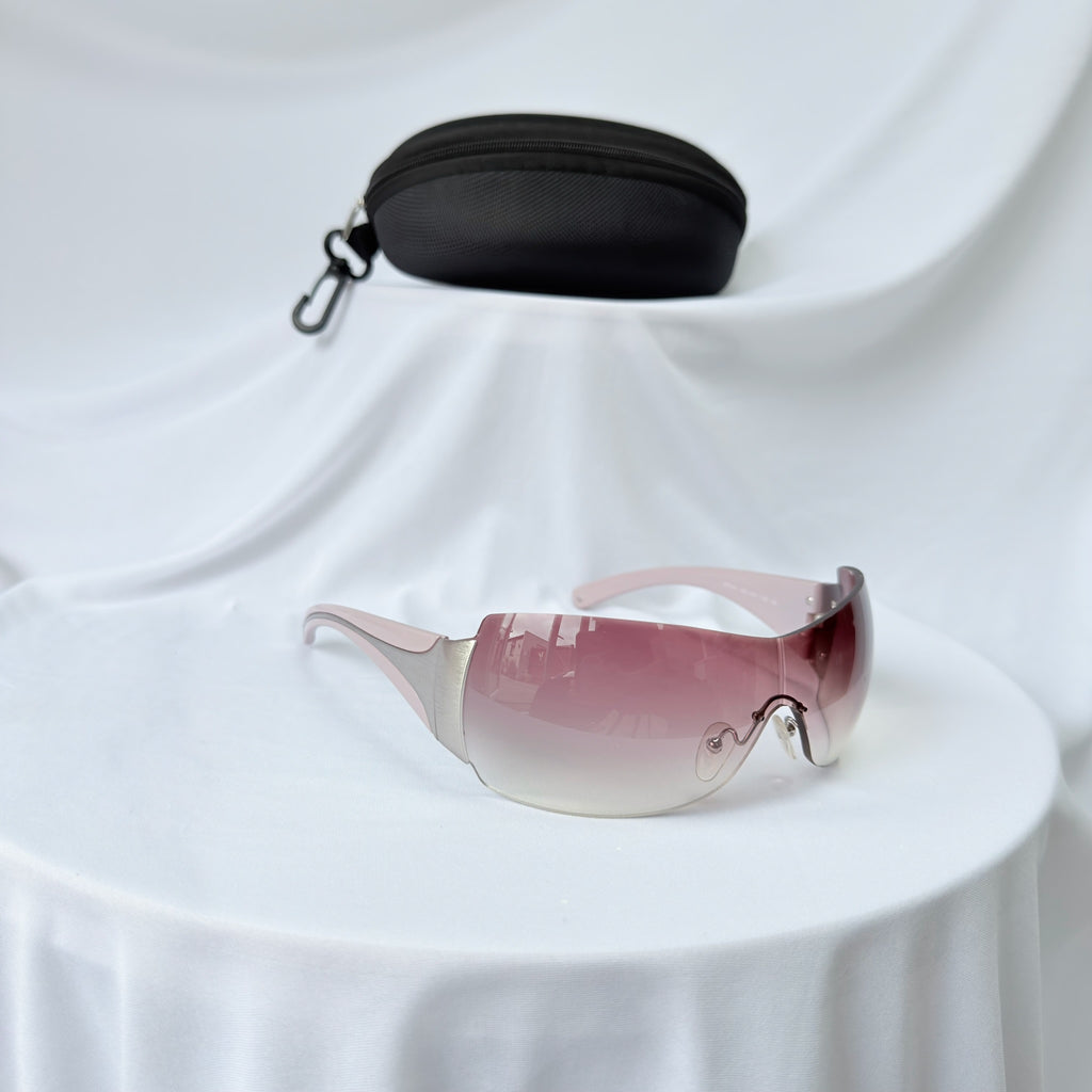 Vintage Prada Y2K Lilac Purple Silver Frameless Wrap Sunshield Oversized Sunglasses SPR 041