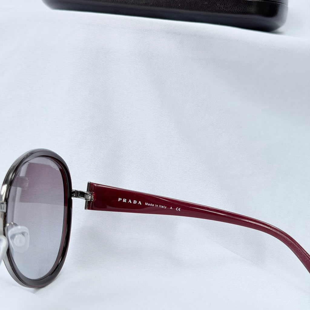 Prada SPR 51N Burgundy Red Striped Arms Oversized Oval Round Women’s Sunglasses
