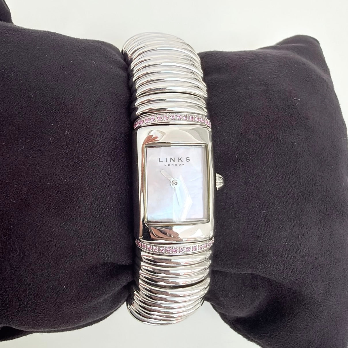 Links Of London Sweetie Watch Silver Pink Diamantés Elasticated Strap Iridescent Watch Face With Packaging 17cm